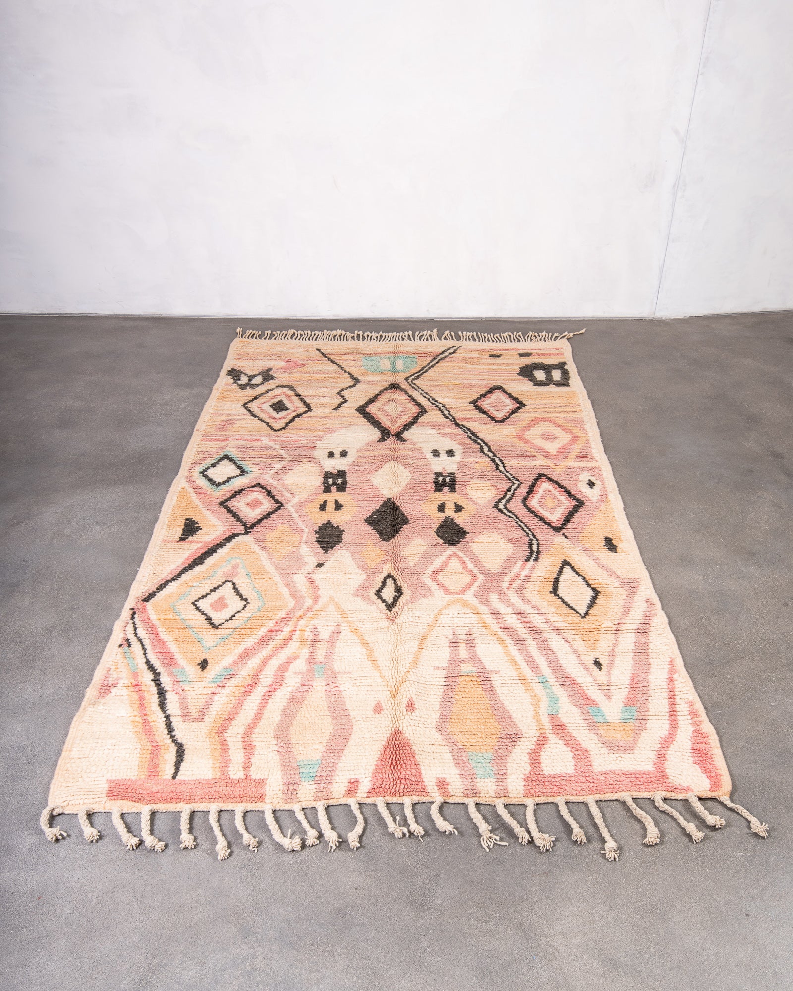 Modern, designer, handcrafted Berber rug from Morocco. Vintage carpet with beautiful colours and patterns and fluffy texture.